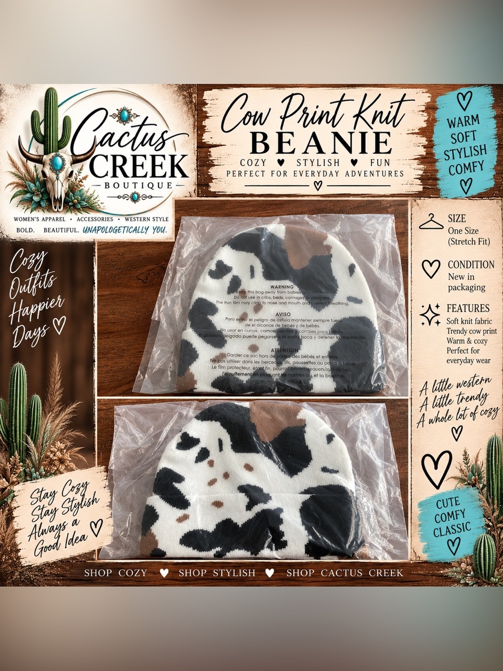 Cow Print Beanie Hat
